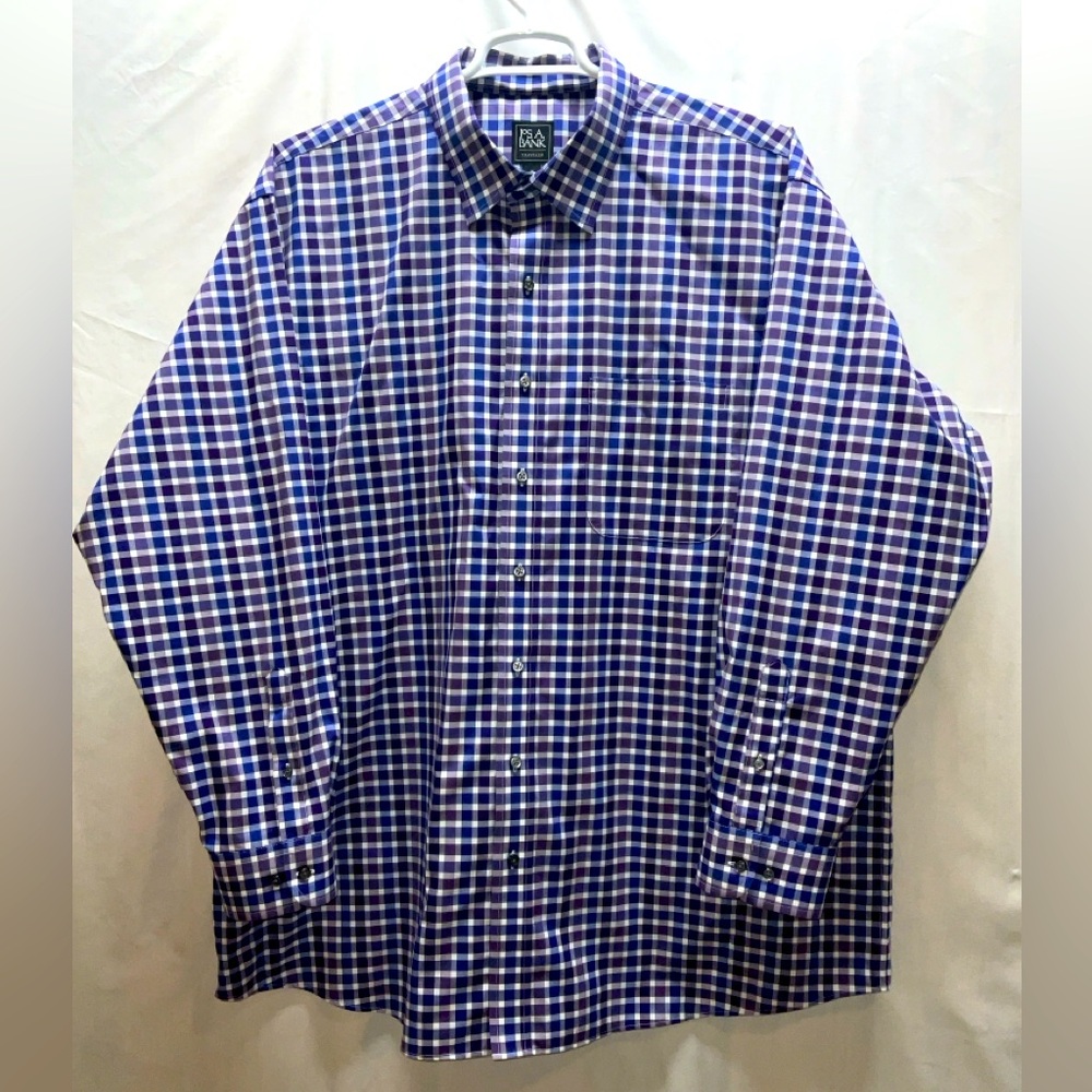 Men’s Jos. A. Bank Traveler Long Sleeve 100% Cotton Shirt Purple & Navy Plaid 2X - Picture 1 of 6